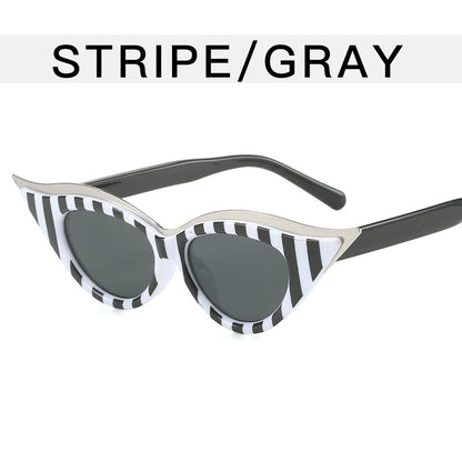 Retro Cat's Eye Stripe Metal Edge Female Concave Shape Ins Sun Glasses