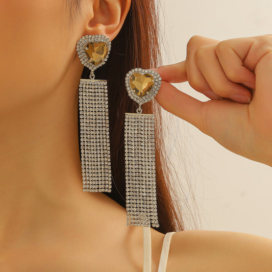 Heart-shaped Full Of Diamond Long Fringe Earrings