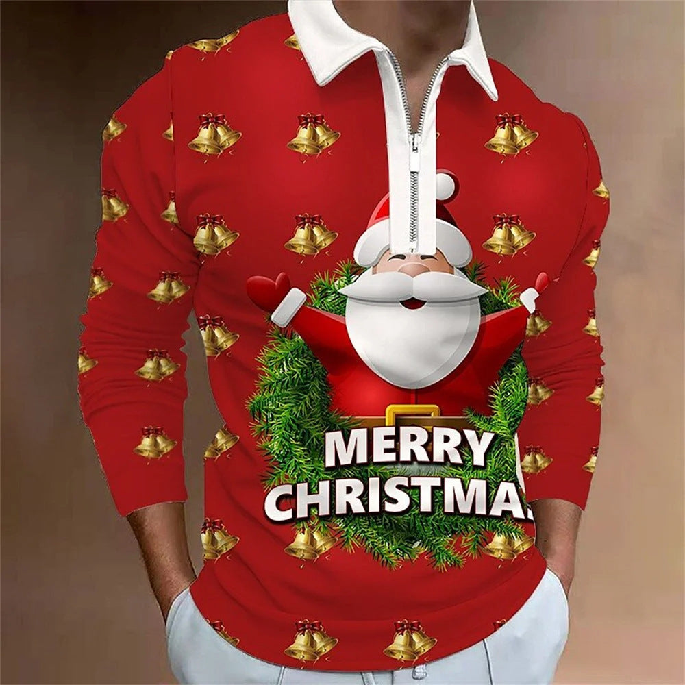 Santa Claus Cartoon Pattern Digital 3D Printing Zipper And Lapel Top