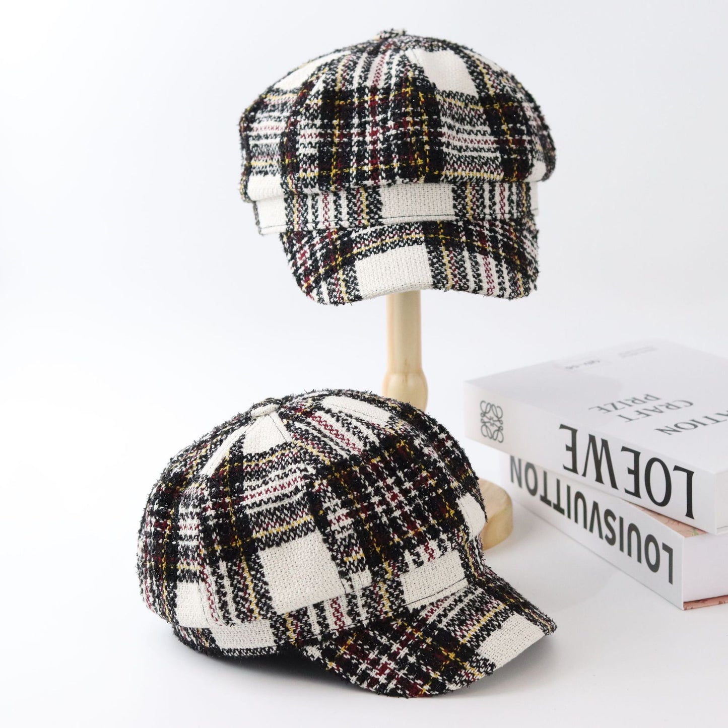 Autumn And Winter Leisure Peaked Cap British Black And White Plaid Octagonal Hat