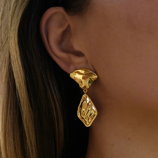 Retro Irregular Exaggerated Golden Leaf Design Stainless Steel Earrings