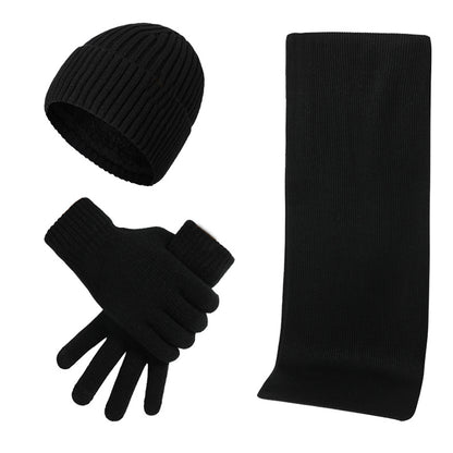 Winter Warm Suit Mixed Color Knitted Wool Thickened Hat Scarf Gloves Three-piece Set