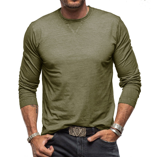 Fall Winter Men's New Solid Color Round Neck Long Sleeve T-shirt Pure Cotton