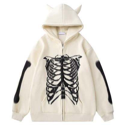 Skull Devil Horn Hooded Sweater For Boys Loose Zip Fleece-lined Sweater