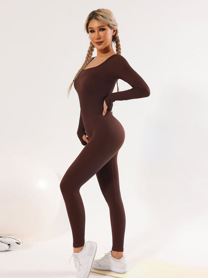 Women's Long-sleeved Thread Yoga Suit Sexy Square-neck Women's Hip Raise Slim Fit Sports Jumpsuit