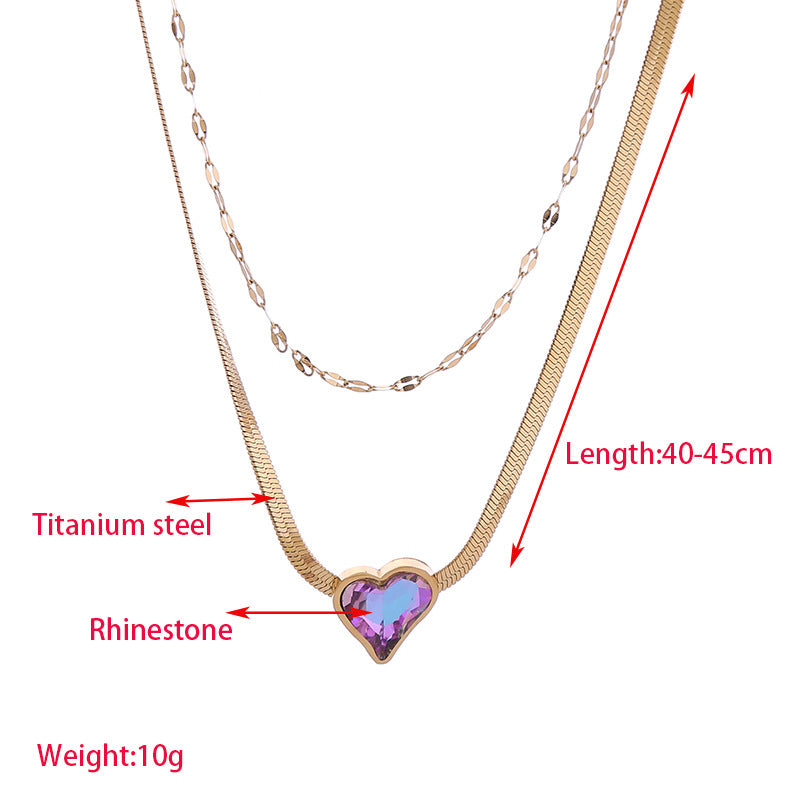 Titanium Steel Heart Shape With Diamond Clavicle Chain Women's Multi-layer Twin Necklace