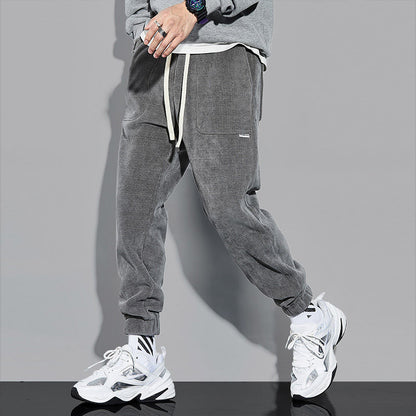 Spring And Autumn Corduroy Casual Pants Men's Loose Trendy Teenagers Waffle Ankle-tied Track Sweatpants