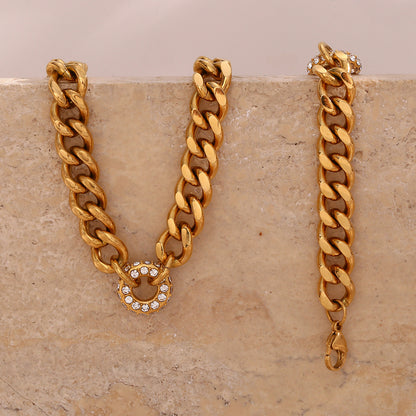 Trendy Temperamental Bracelet Ornament Stainless Steel Cuban Link Chain Zircon Donut Pendant Necklace