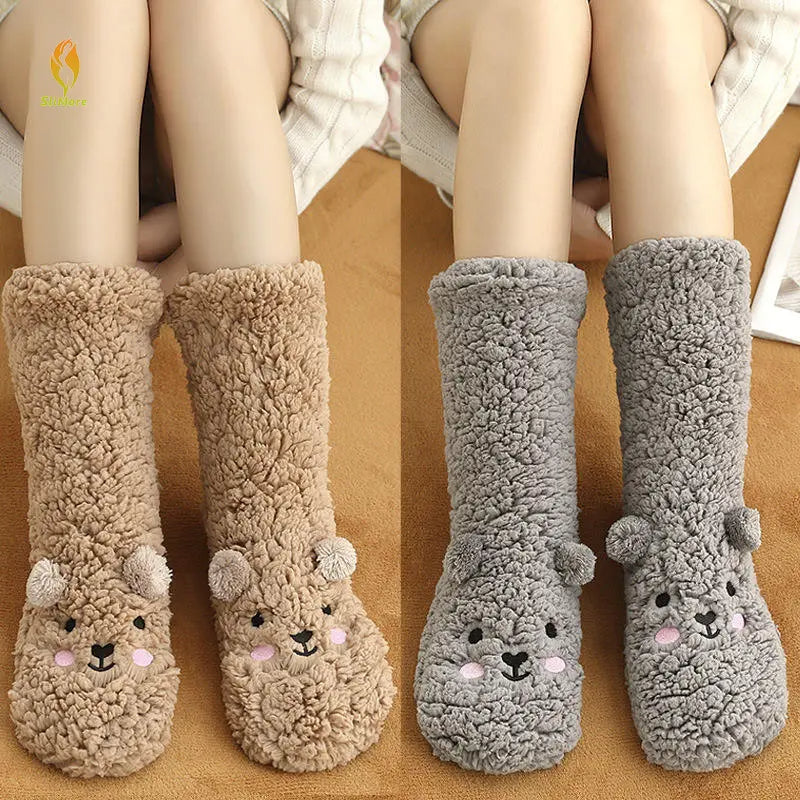 Cute Cartoon Bear Fuzzy Socks For Women, Comfortable Winter Soft Warm Slipper Socks, Casual Sleep Socks For Indoor Women's Fuzzy Socks Winter Warm Fluffy Soft Slipper Home Sleeping Cute Animal Socks