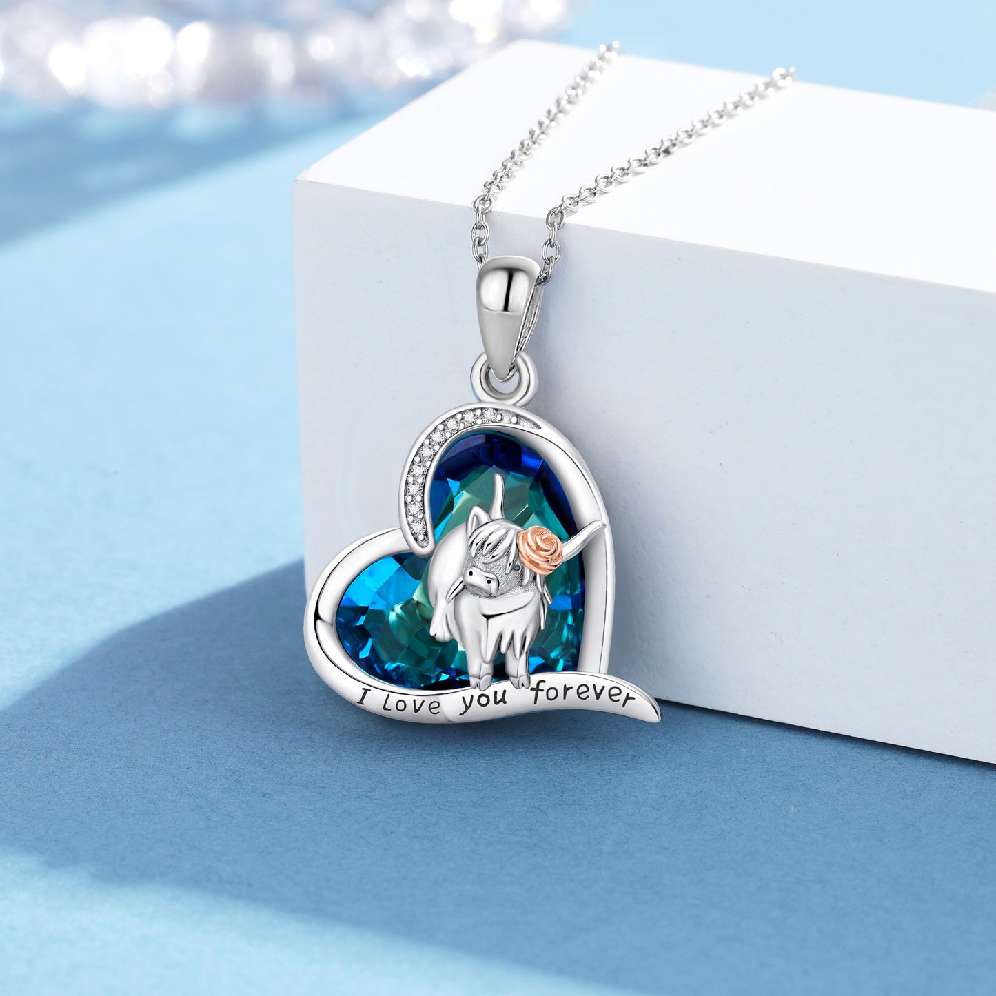 925 Sterling Silver Highland Cow Blue Crystal Heart Cow Pendant Necklace