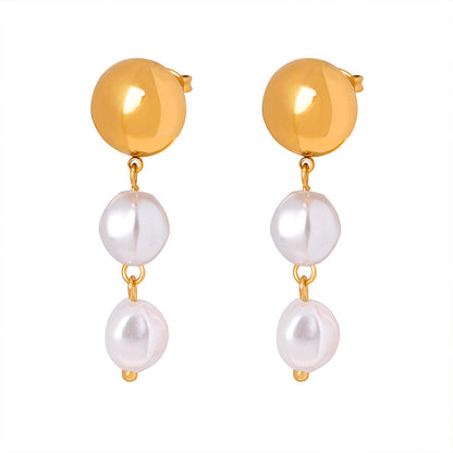 French Retro Shell Pearls Steel Ball Earrings Baroque