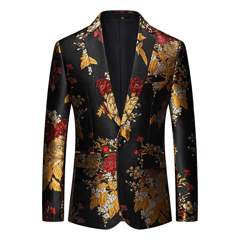 Casual Single Western Coat Men's Korean-style Slim-fit Floral Jacquard Nightclub Host MC Dress