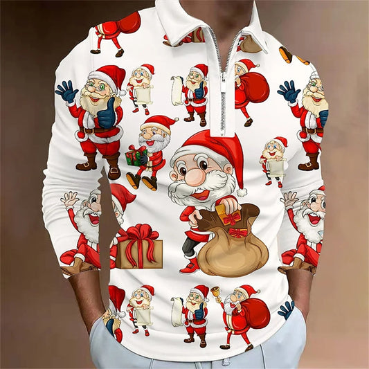 Santa Claus Cartoon Pattern Digital 3D Printing Zipper And Lapel Top