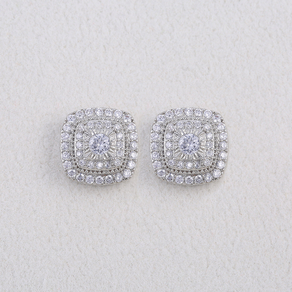 Women's Retro Square Fashion Elegant Micro Inlaid White Zircon Stud Earrings