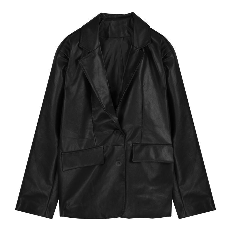 Women's Black Pu Suit Leather Coat