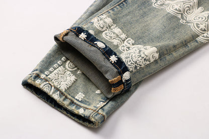 Vintage Distressed Printing Stylish Jeans For Men