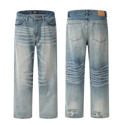 Crack Blue Straight American Retro Jeans