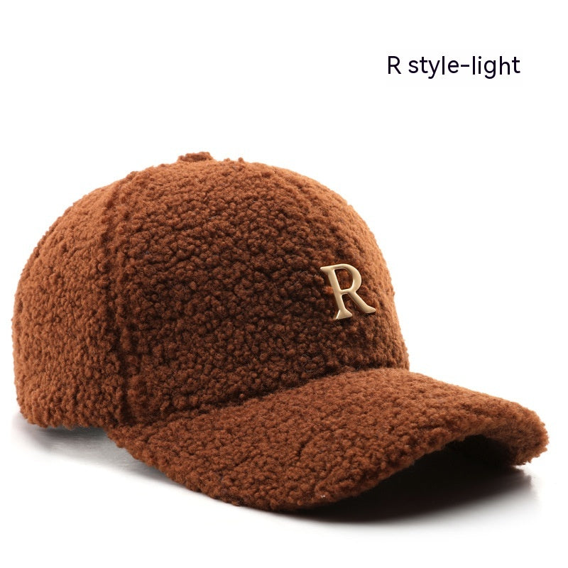 Autumn And Winter Letter R Solid Color Lamb Wool Baseball Cap Outdoor Sun Protection