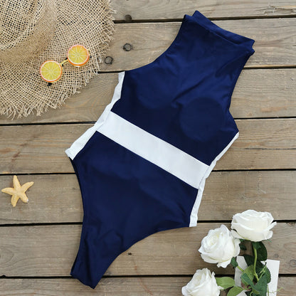 Solid Color Stitching Zipper Sleeveless One-piece Swimsuit