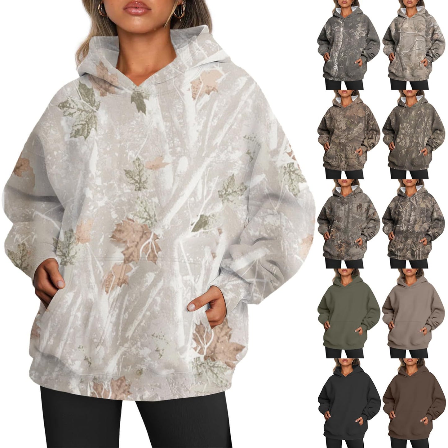 Camouflage Hoodie Maple Leaf Print Oversized Sports Hoodie With Pocket Break