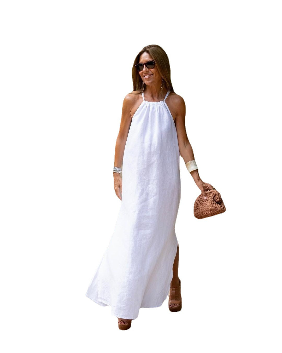 Halter Slit Cotton And Linen Casual Holiday Dress New Ladies