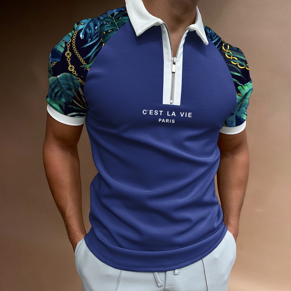 Men's Summer Polo Zipper Color Matching Sports Polo Shirt