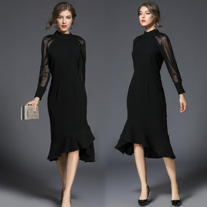 Stylish Temperament Long Sleeves Fishtail Slim Black Dress