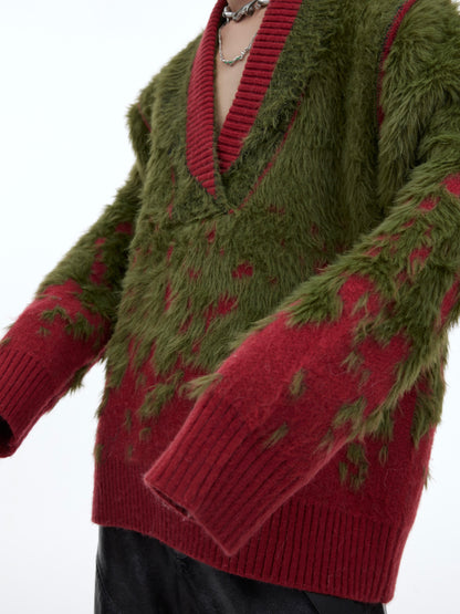 Gradient V-neck Knitted Plush Christmas Atmosphere Sweater