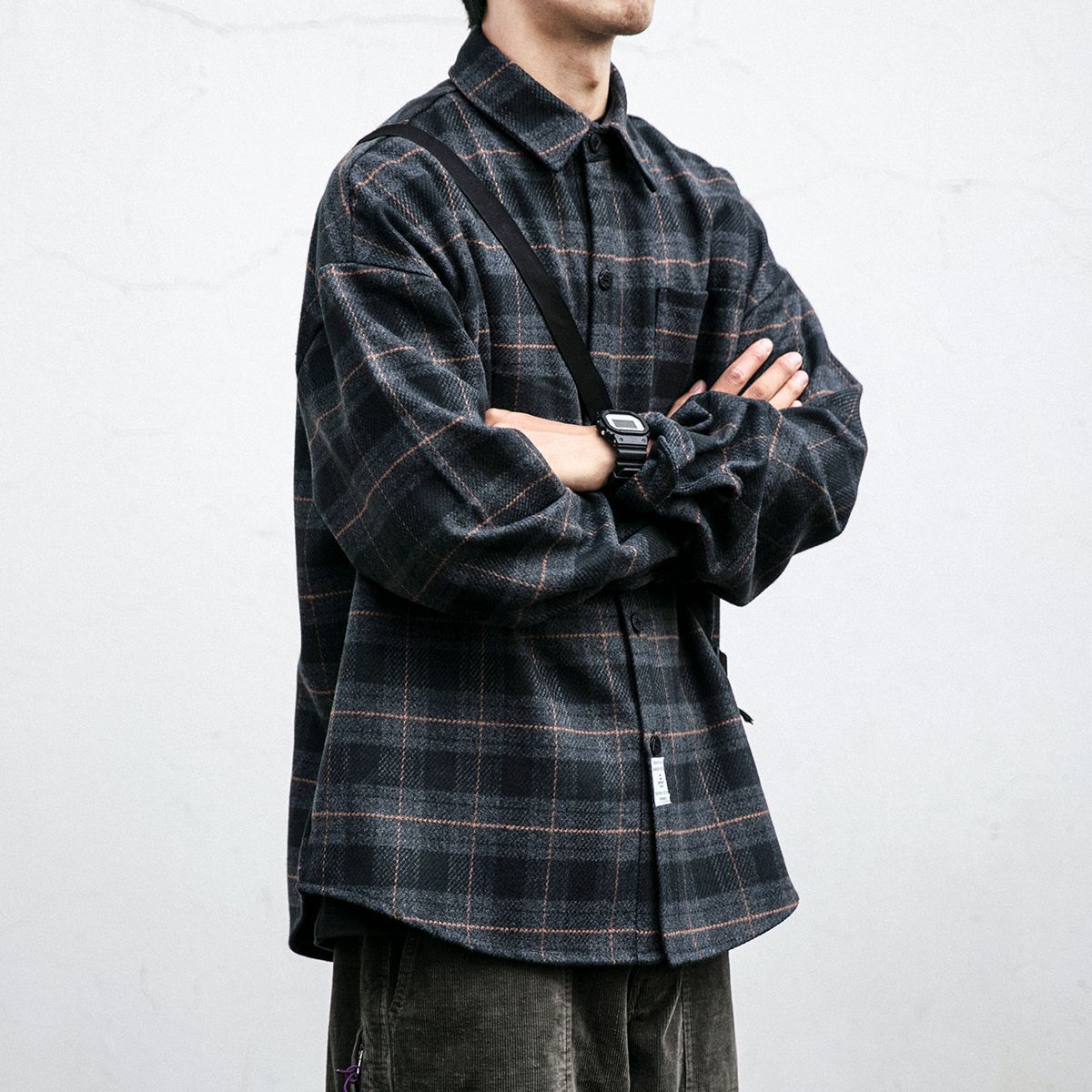 Autumn Winter Retro Sanding Padded Plaid Shirt