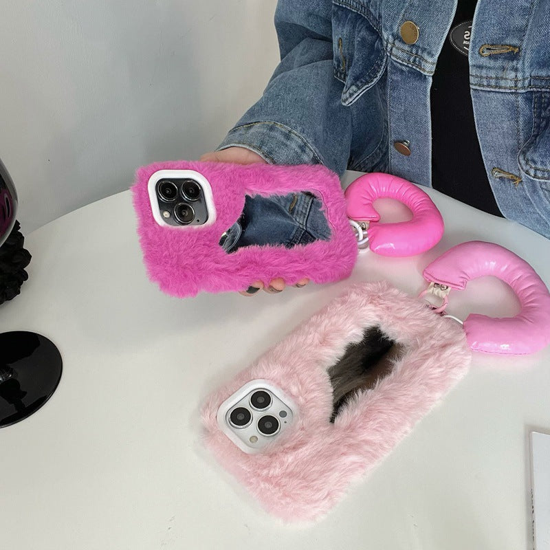 Fluffy Make-up Mirror Phone Shell