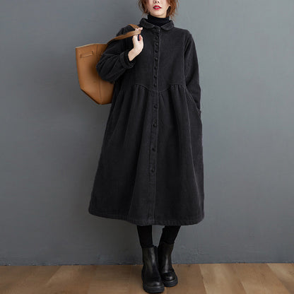 Autumn And Winter Fleece-lined Long Sleeve Retro Artistic Loose Corduroy Casual Coat For Women