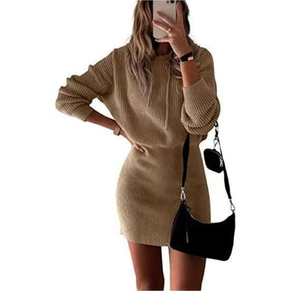 Polyester Casual Dress Solid Color Mid-length Hooded Cinched Waist Pullover Knitted Hip Skirt