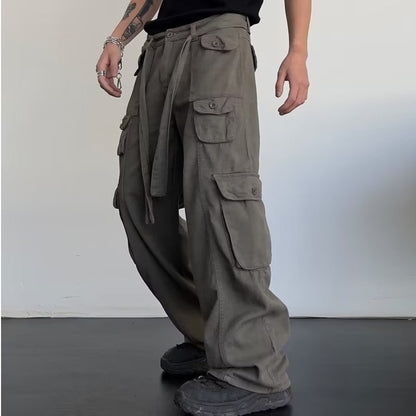 Retro Hip Hop Pu Shuai Japanese Straight Casual Multi-pocket Cargo Pants Men