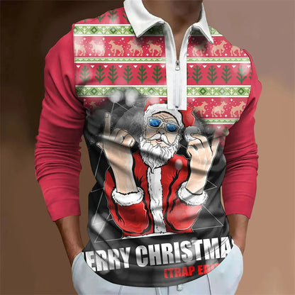 Santa Claus Cartoon Pattern Digital 3D Printing Zipper And Lapel Top