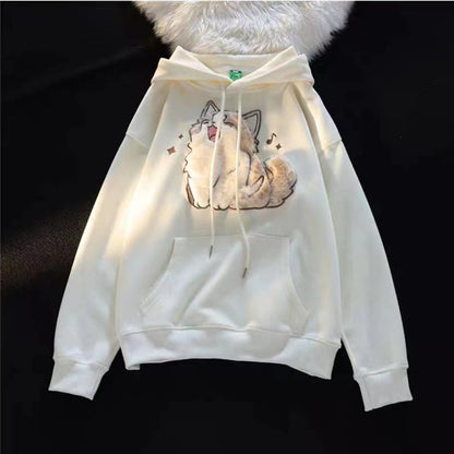 Embroidered Kitten Female Fleece-lined Thickened Hooded Sweatshirt