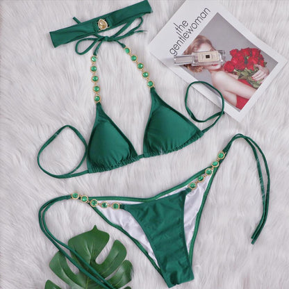 Green Diamond Split Swimsuit Plain Beach Retro Sexy Bikini