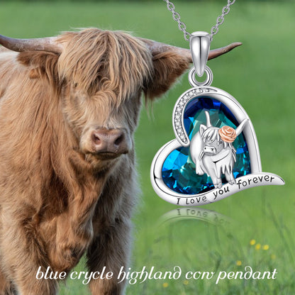 925 Sterling Silver Highland Cow Blue Crystal Heart Cow Pendant Necklace