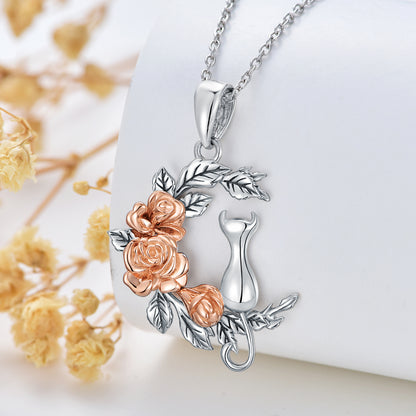 Cat Necklace Cat Rose Jewelry for Cat Lover Sterling Silver as Gifts for Women