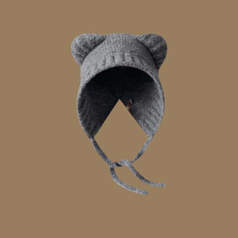 Lace-up Knitted Bear With Ears Wild Warm Hat Cartoon Cute Sweet Woolen Cap