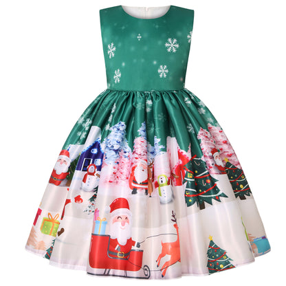 Santa Claus Snowflake Christmas Deer Cartoon Printed Princess Dress