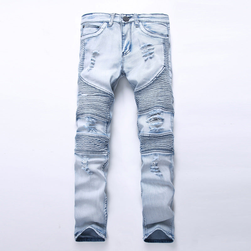 Ripped Motorcycle Pleated Jeans European And American Slim Fit Stretch Feet Pants