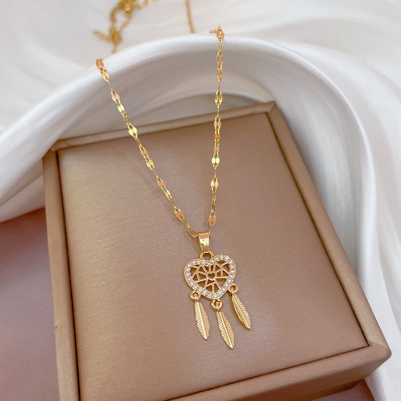 Women's Fashion Micro Inlay Real Gold Feather Dream Catcher Necklace