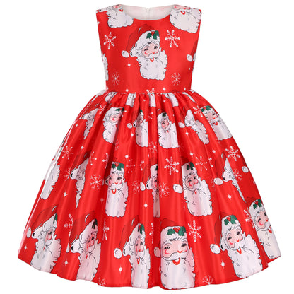 Santa Claus Snowflake Christmas Deer Cartoon Printed Princess Dress