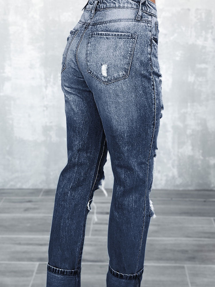 Retro Tattered Straight High Waist Skinny Jeans