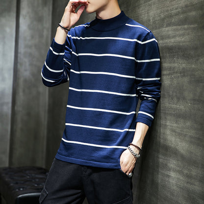 Men's Striped Sweater With Half Turtleneck