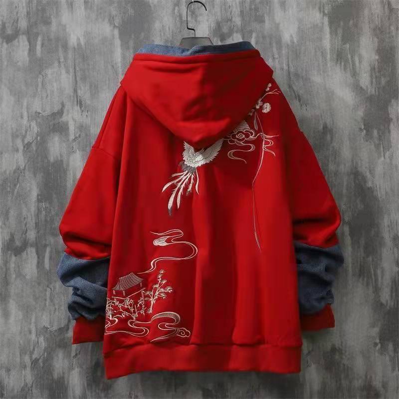 Chinese Style Button Embroidered Hooded Autumn And Winter Loose Stitching Denim Men's Clothing