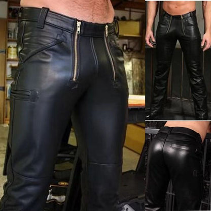 Men's Winter Double-layer Casual Mid-waist Pure Color Warm Keeping Loose Leather Pants