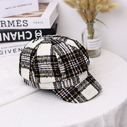 Autumn And Winter Leisure Peaked Cap British Black And White Plaid Octagonal Hat