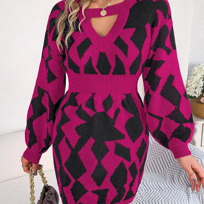 Color Matching Hollow Out Lantern Sleeve Fitted Waist Sweater Dress