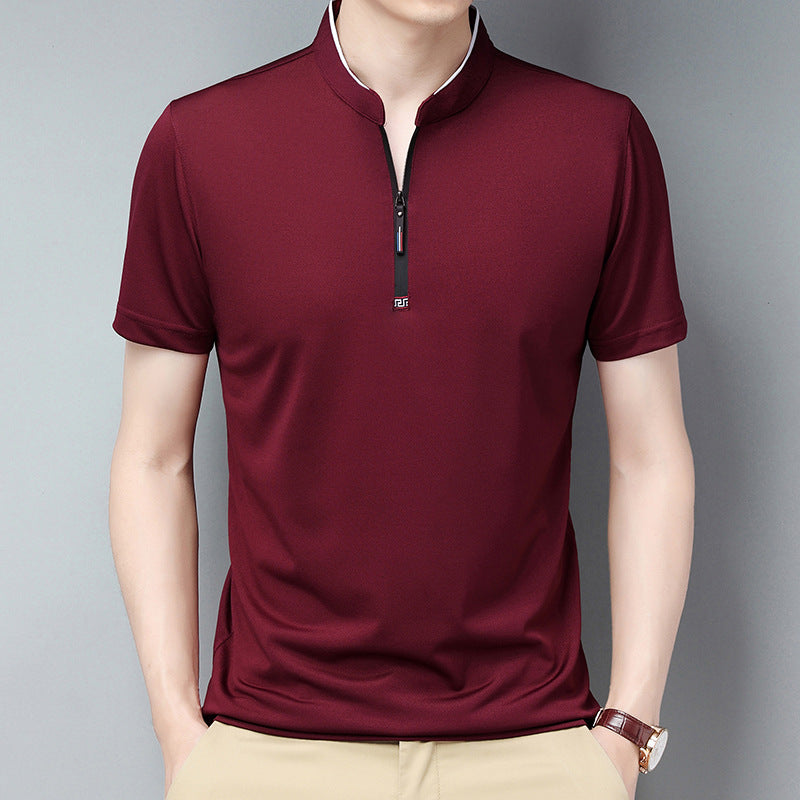 Summer Stand Collar Short Sleeve Men's Half Zipper Solid Color Trendy Casual Men's T-shirt